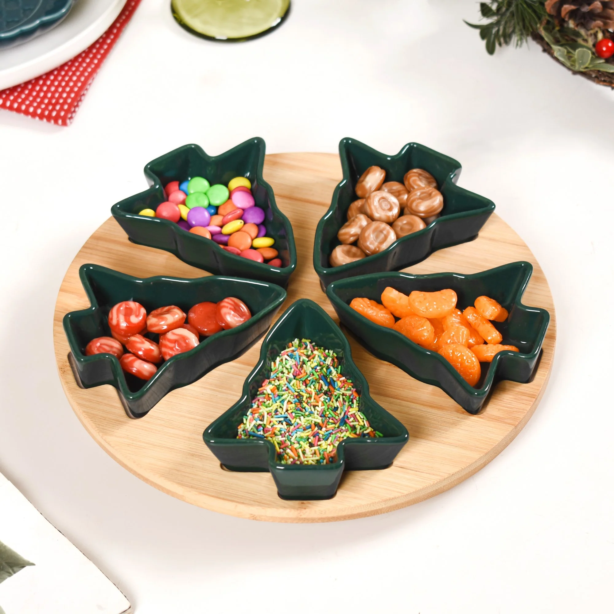 Set Of 5 Tree Snack Bowls With Wooden Rotating Tray 100ml - Image 3