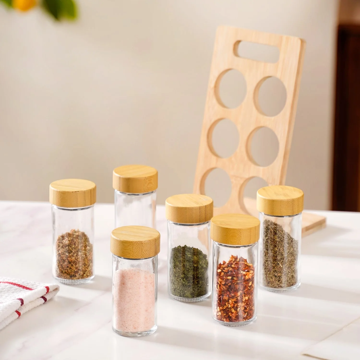 Set Of 6 Airtight Seasoning Jars With Wooden Stand 80ml - Image 5