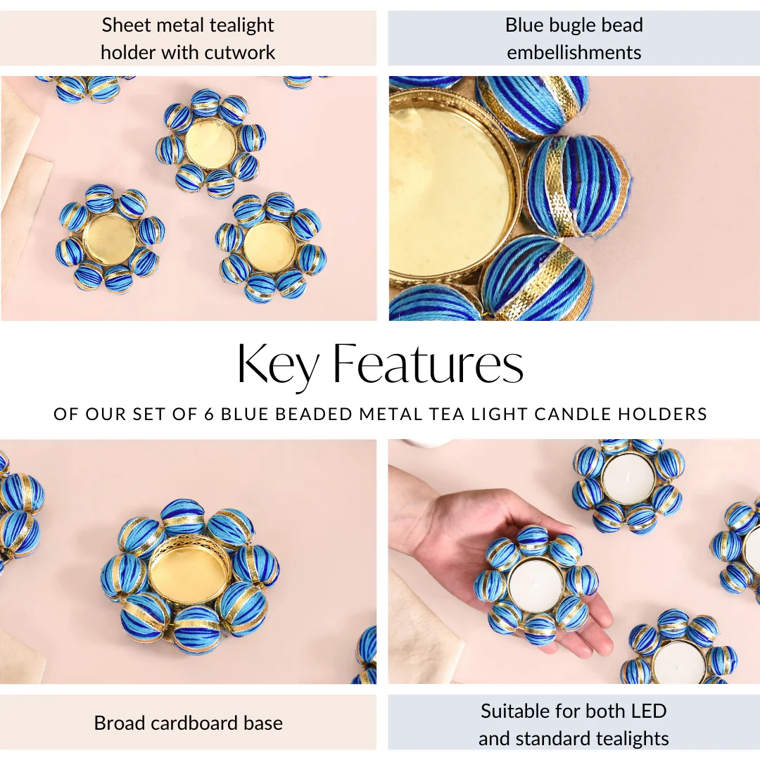 Set Of 6 Blue Beaded Metal Tea Light Candle Holders - Image 5