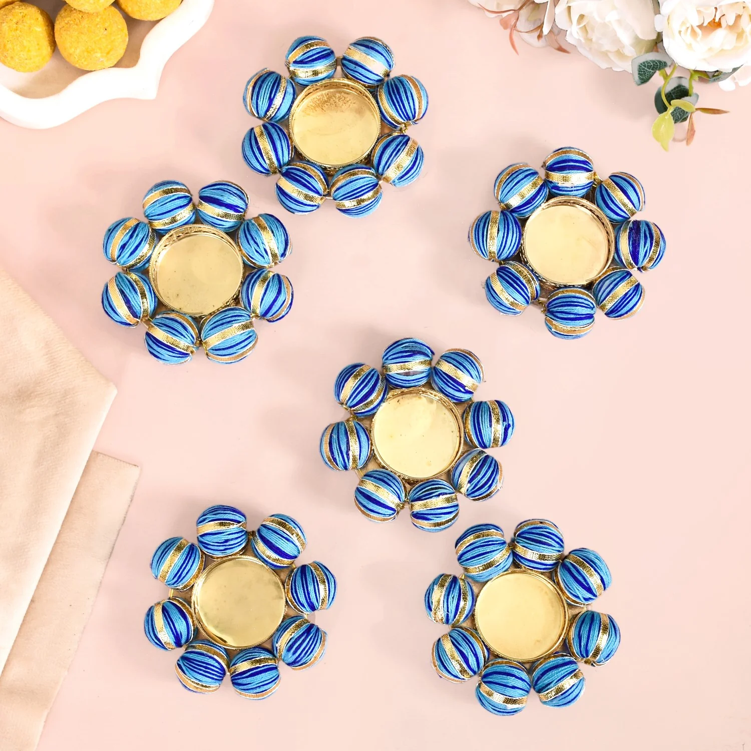 Set Of 6 Blue Beaded Metal Tea Light Candle Holders - Image 6
