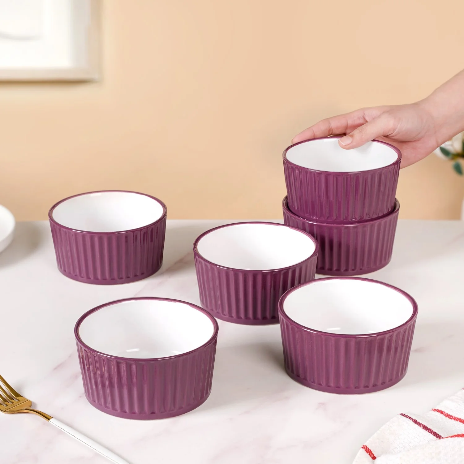 Set of 6 Ceramic Cresta Snack Bowl Purple 400ml - Image 2