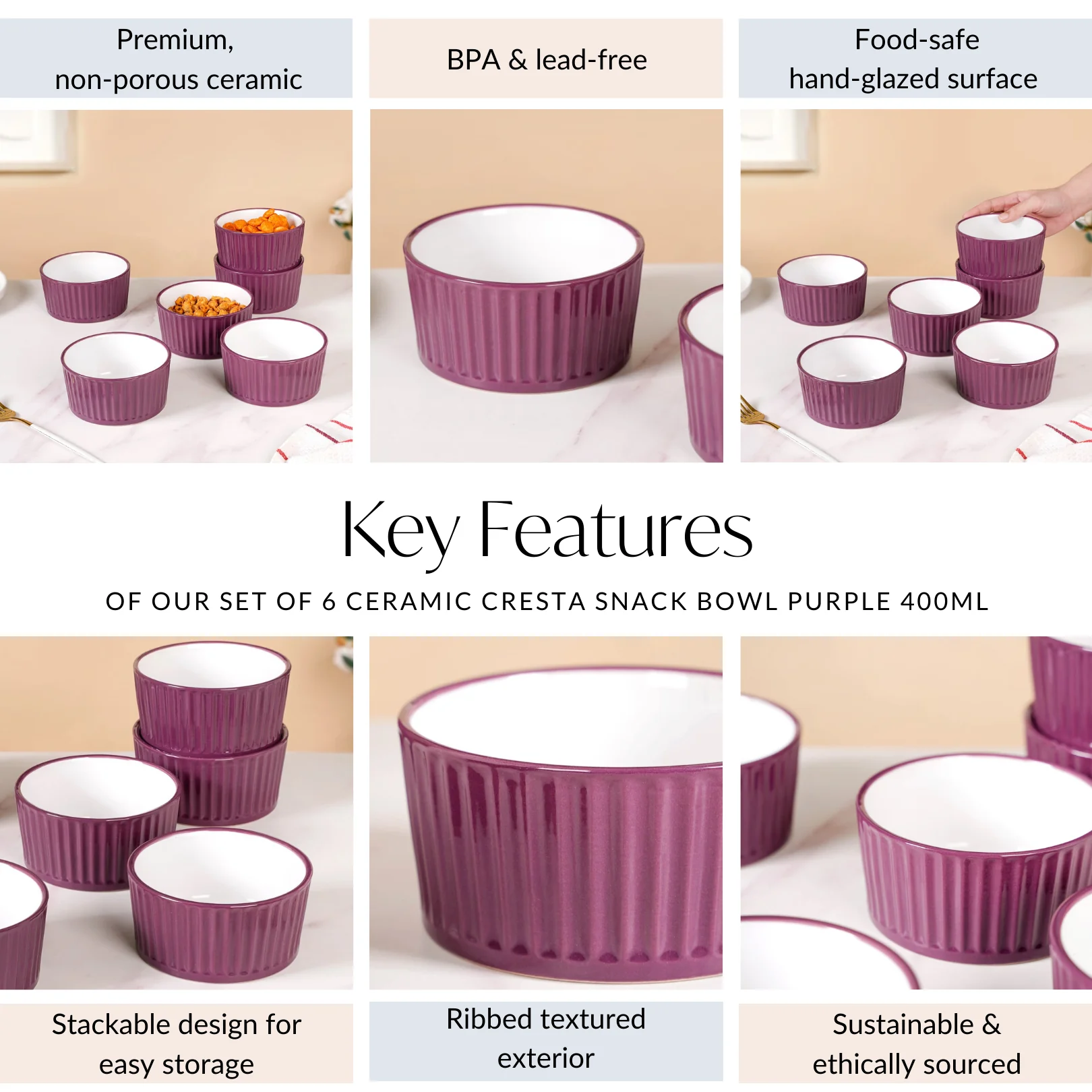 Set of 6 Ceramic Cresta Snack Bowl Purple 400ml - Image 5