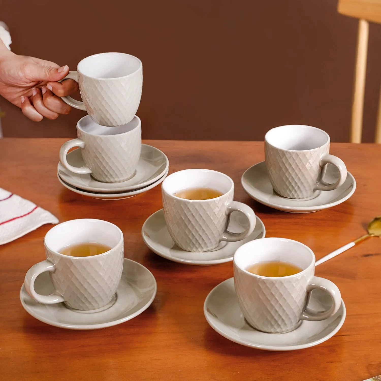 Set Of 6 Ceramic Tara Tea Cup And Saucer Grey 225ml - Image 2