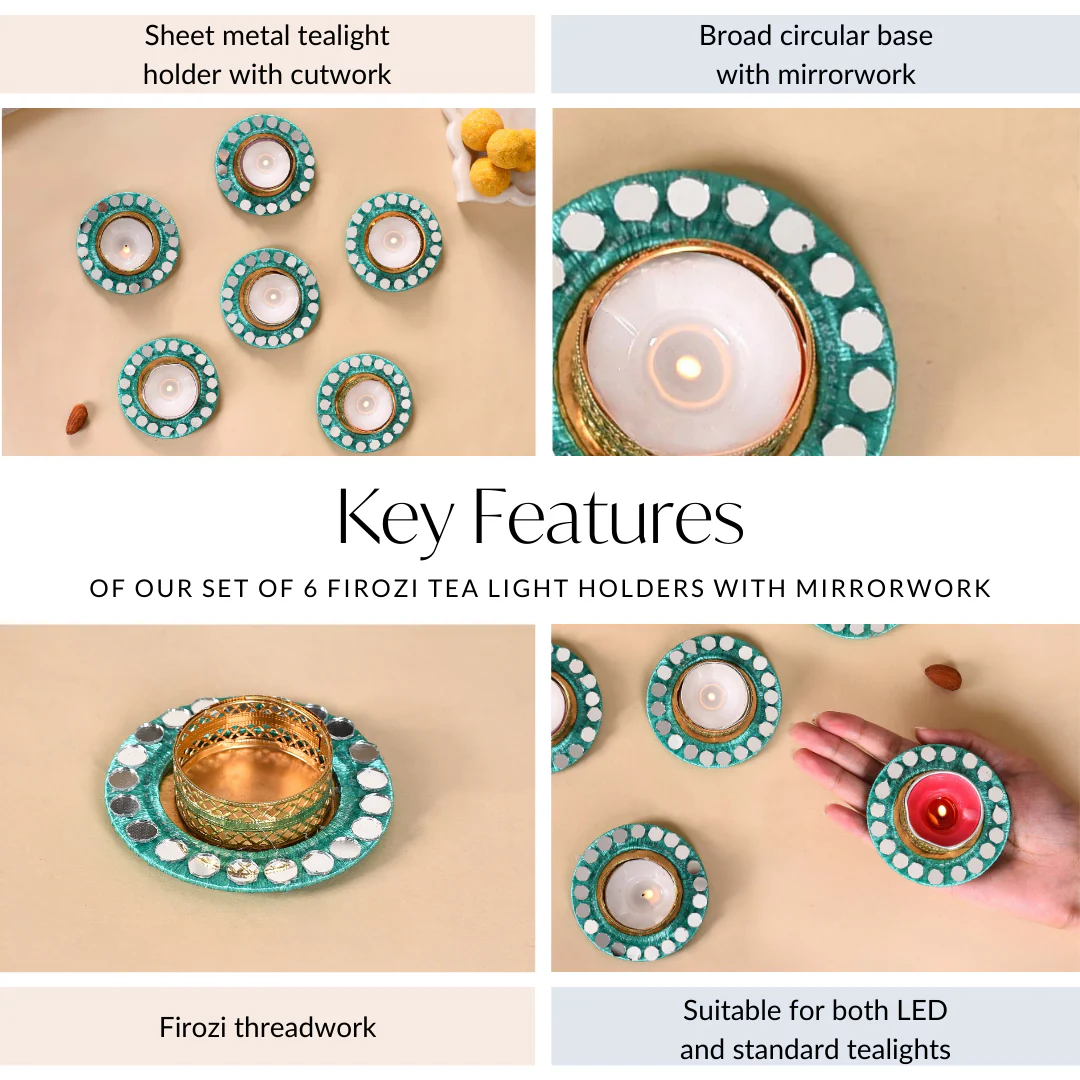 Set Of 6 Firozi Tea Light Holders With Mirrorwork - Image 5