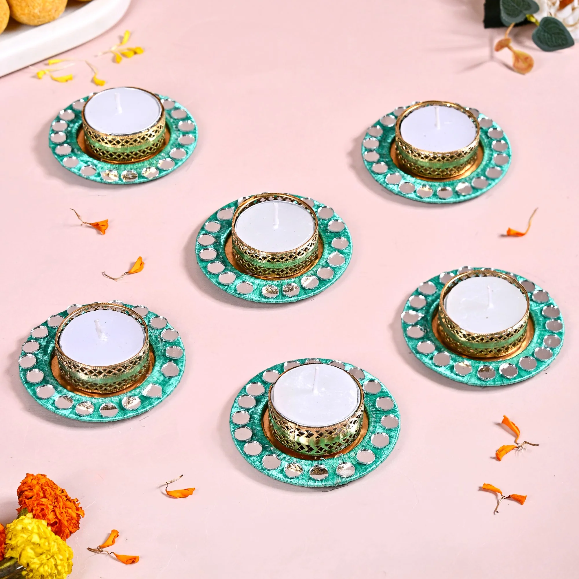 Set Of 6 Firozi Tea Light Holders With Mirrorwork - Image 7
