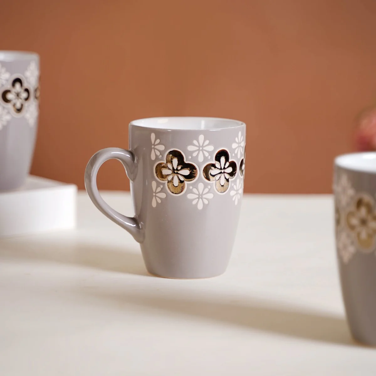 Set Of 6 Floral Patterned Coffee Mug Grey 350ml - Image 3