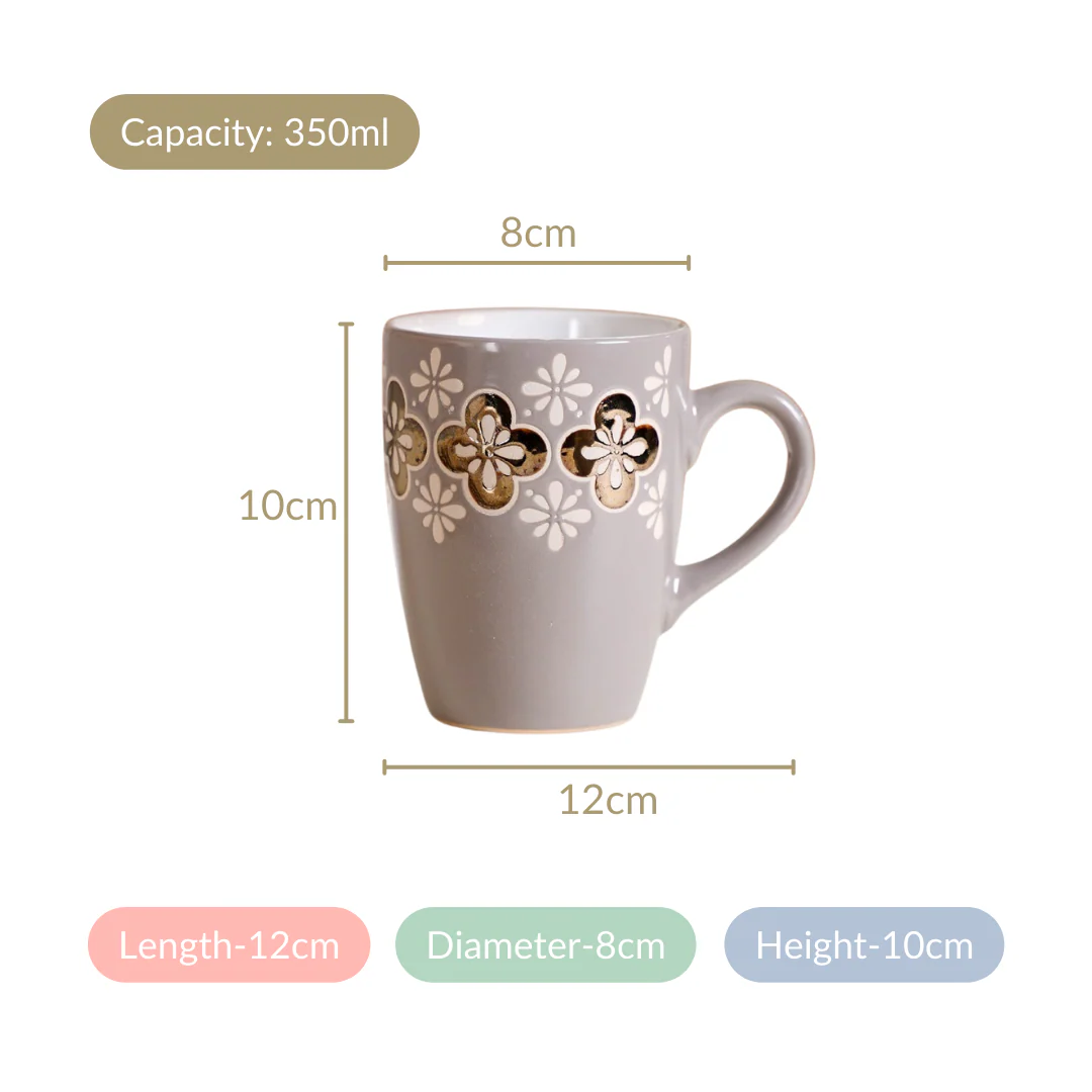 Set Of 6 Floral Patterned Coffee Mug Grey 350ml - Image 6