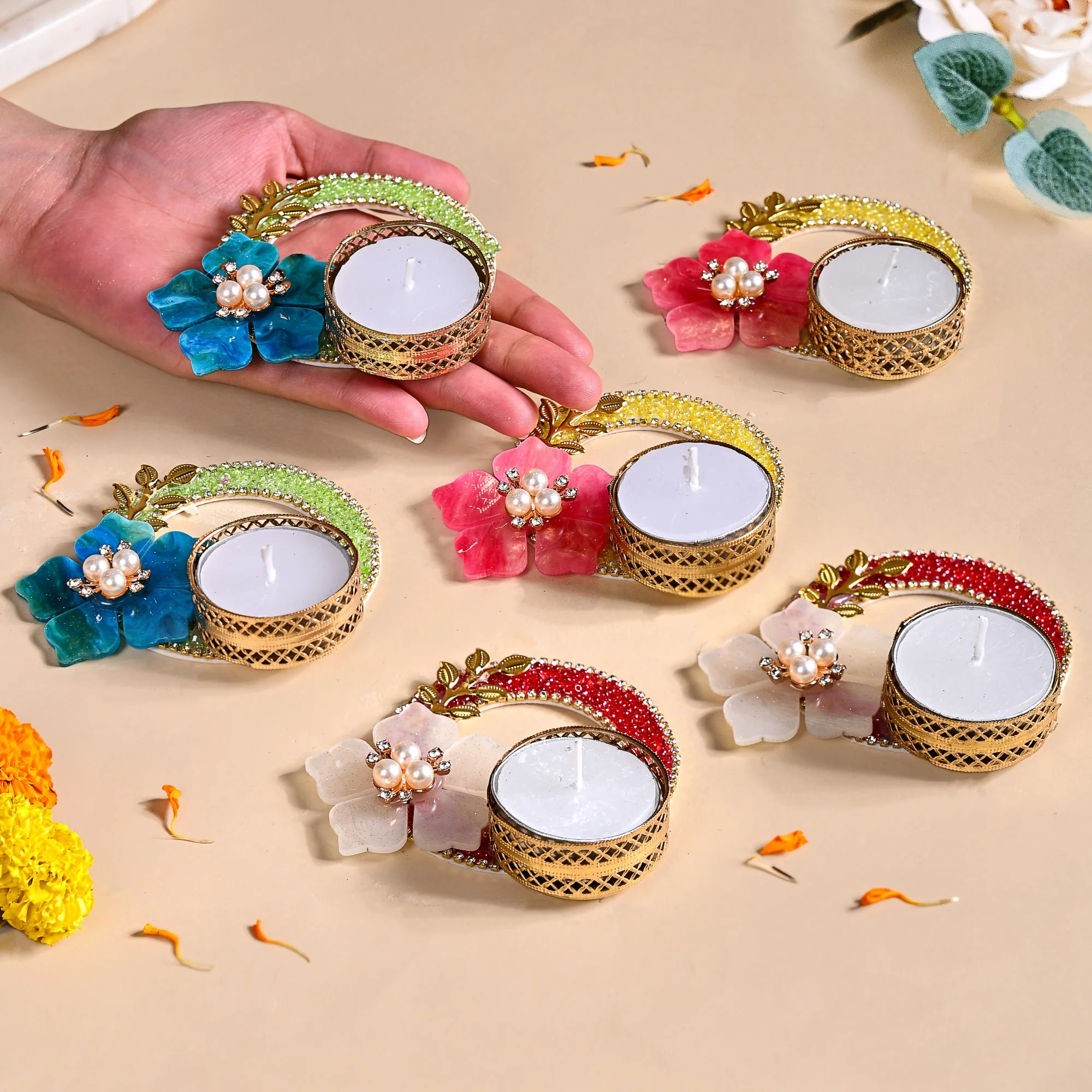 Set Of 6 Floral Ring Tea Light Holders - Image 3