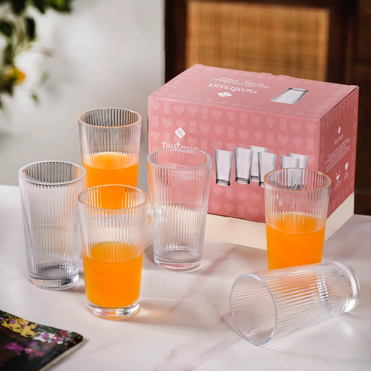 Set Of 6 Fluted Tall Glass Tumbler 300ml - Image 2