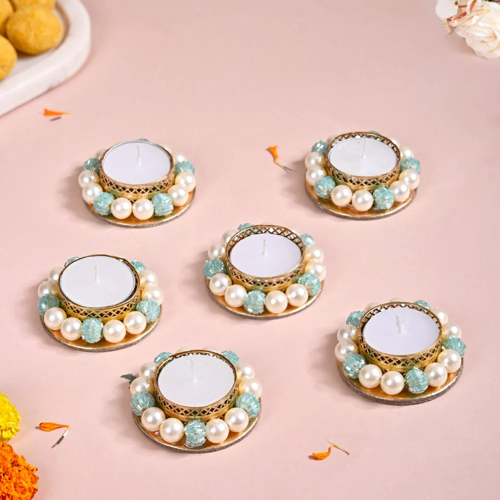 Set Of 6 Metal Tea Light Holders With Faux Pearls - Image 9