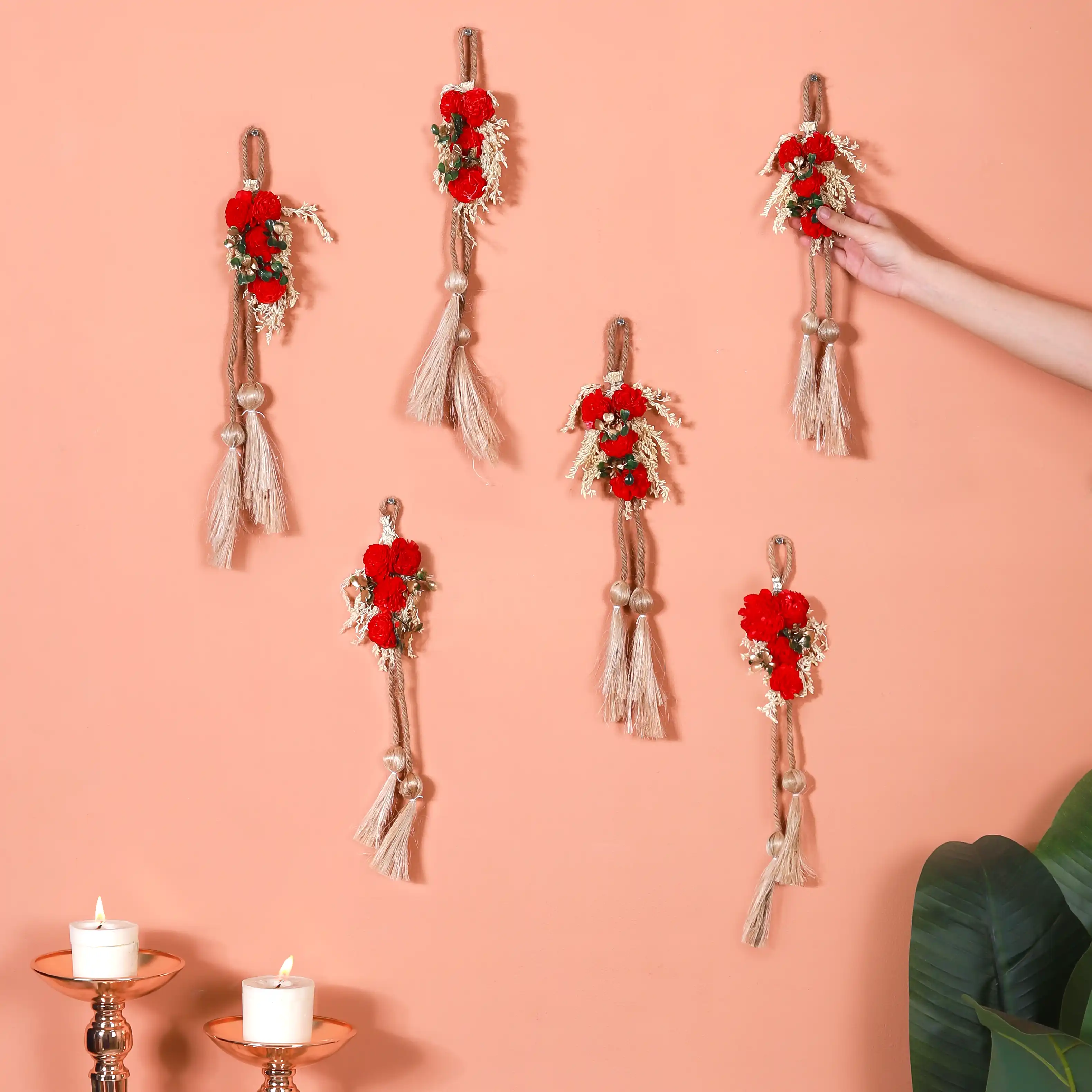 Set Of 6 Mini Floral Wall Hangings With Tassels - Image 2