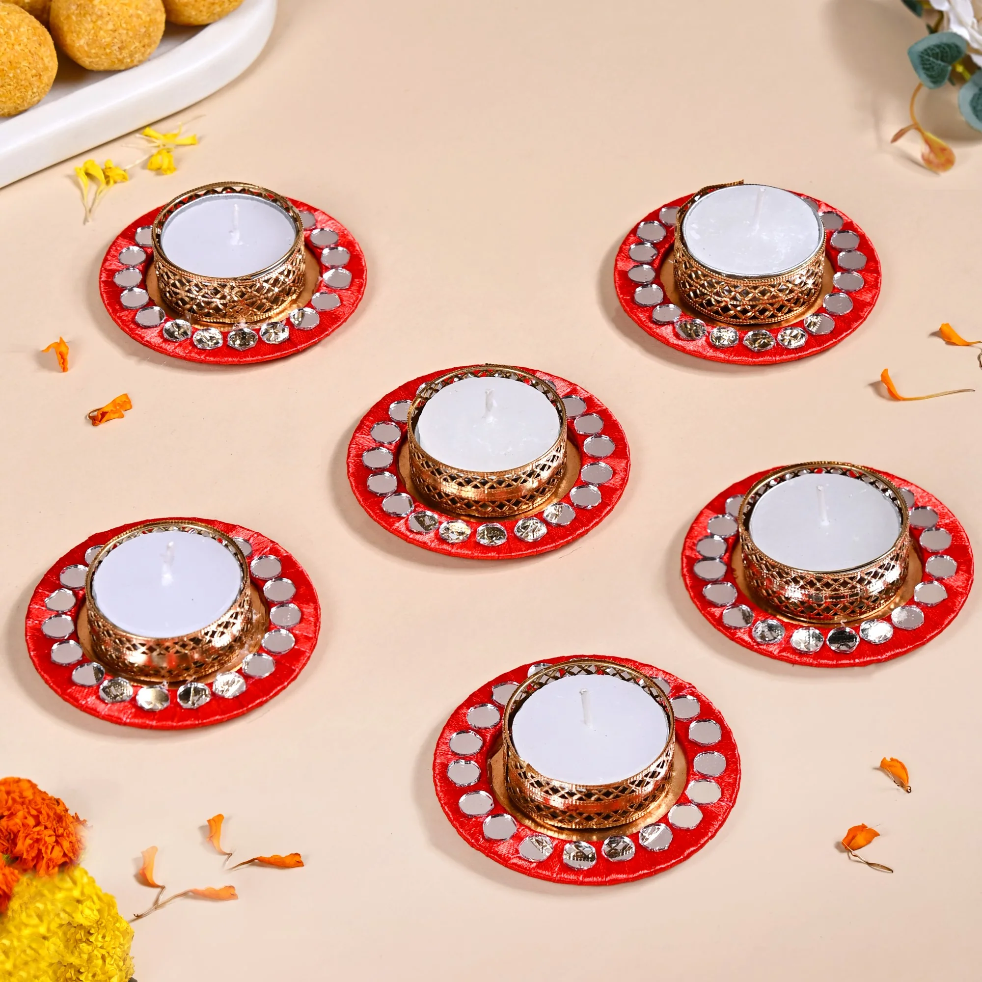 Set Of 6 Mirror Art Red Tea Light Holders - Image 2