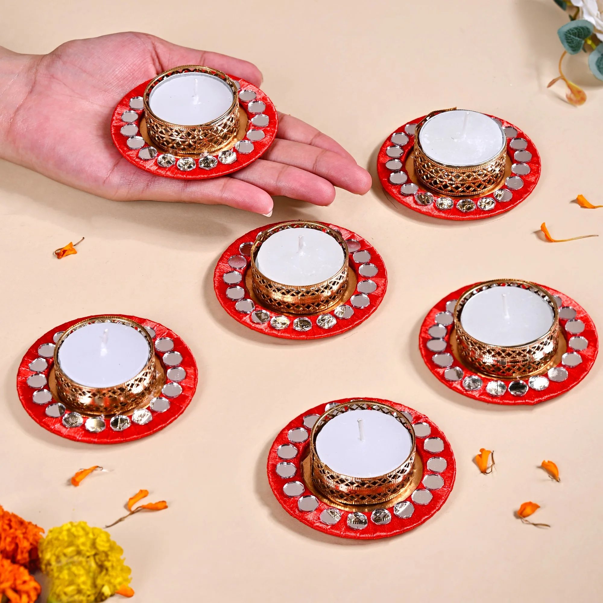 Set Of 6 Mirror Art Red Tea Light Holders - Image 3