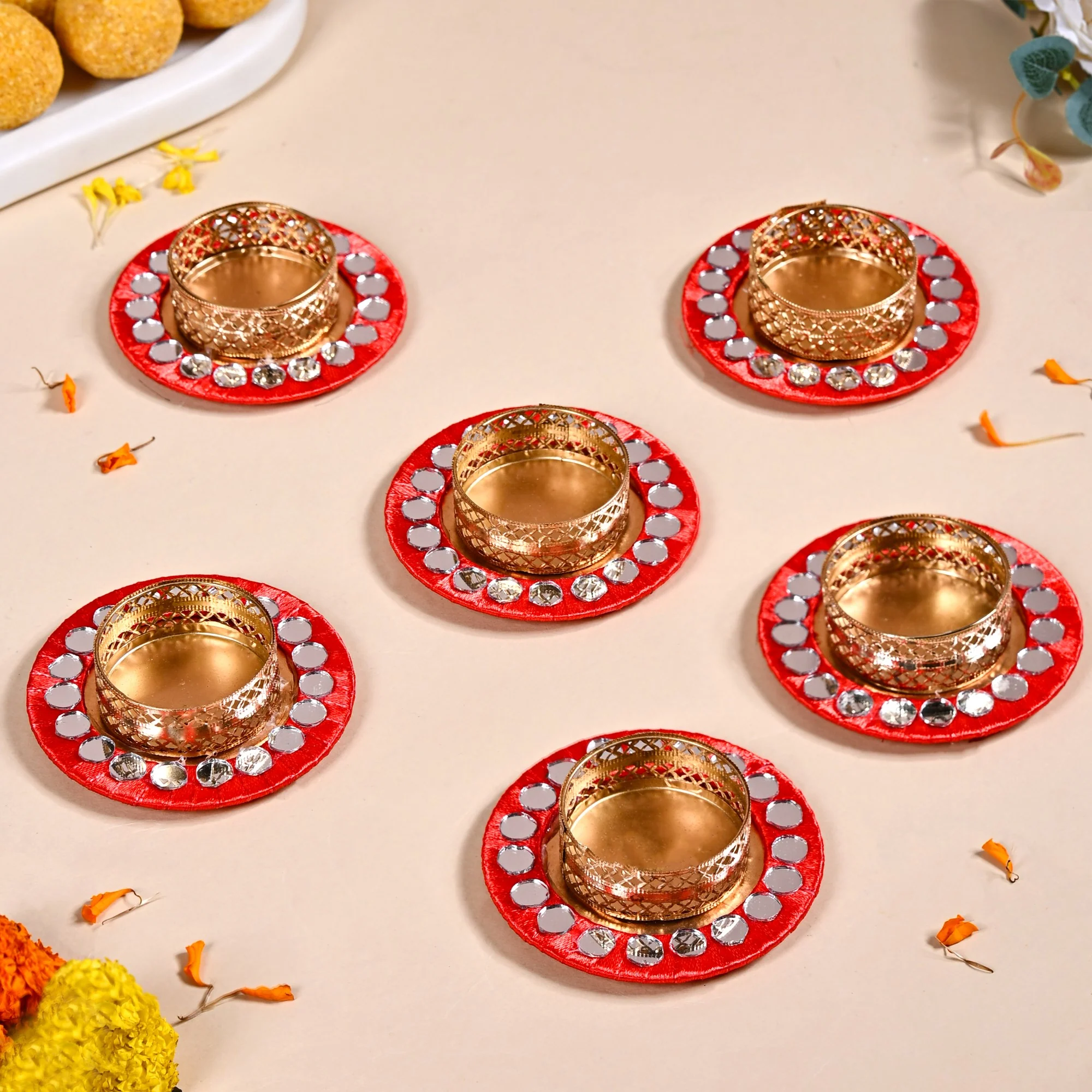 Set Of 6 Mirror Art Red Tea Light Holders - Image 7