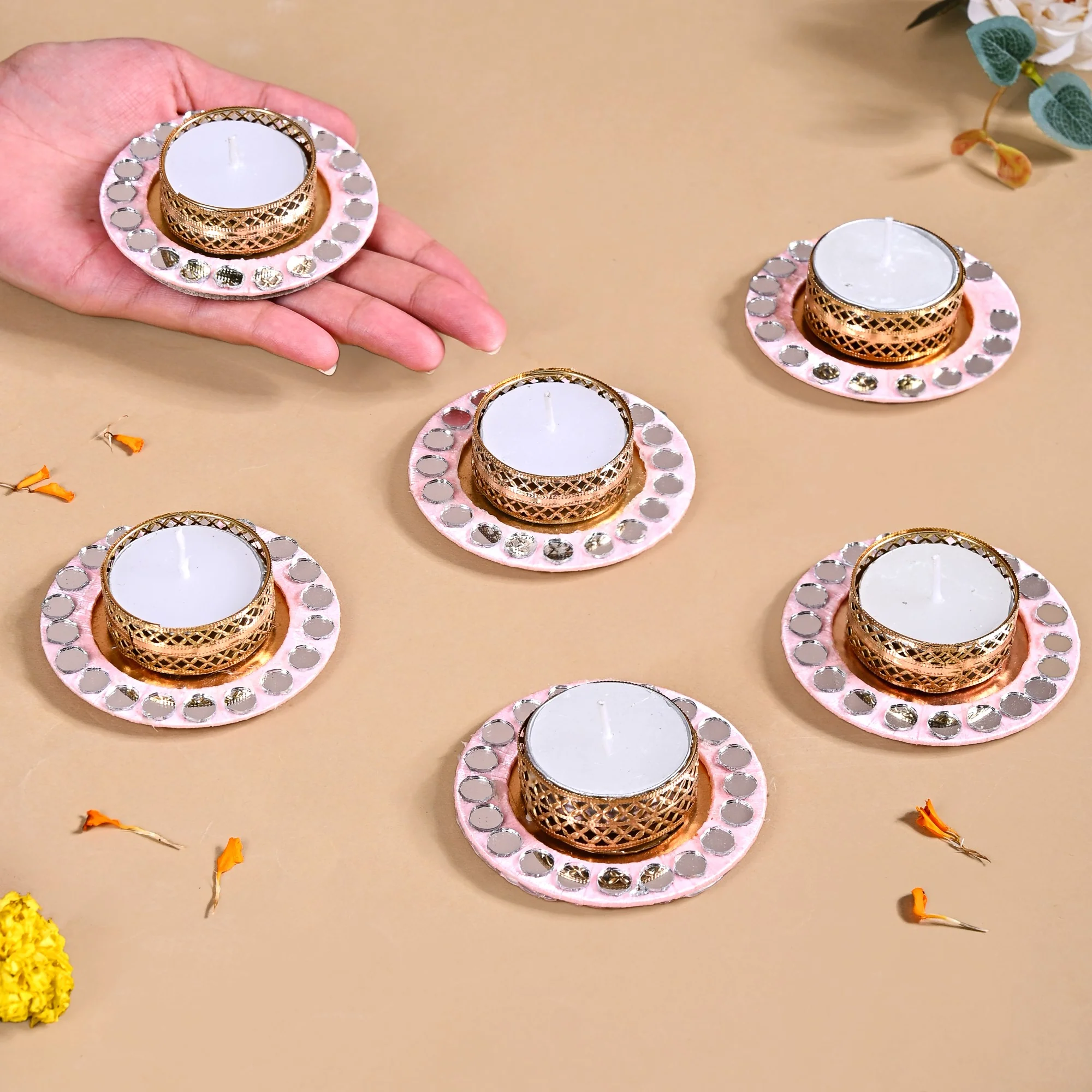 Set Of 6 Mirror Embellished Pink Tea Light Holders - Image 2