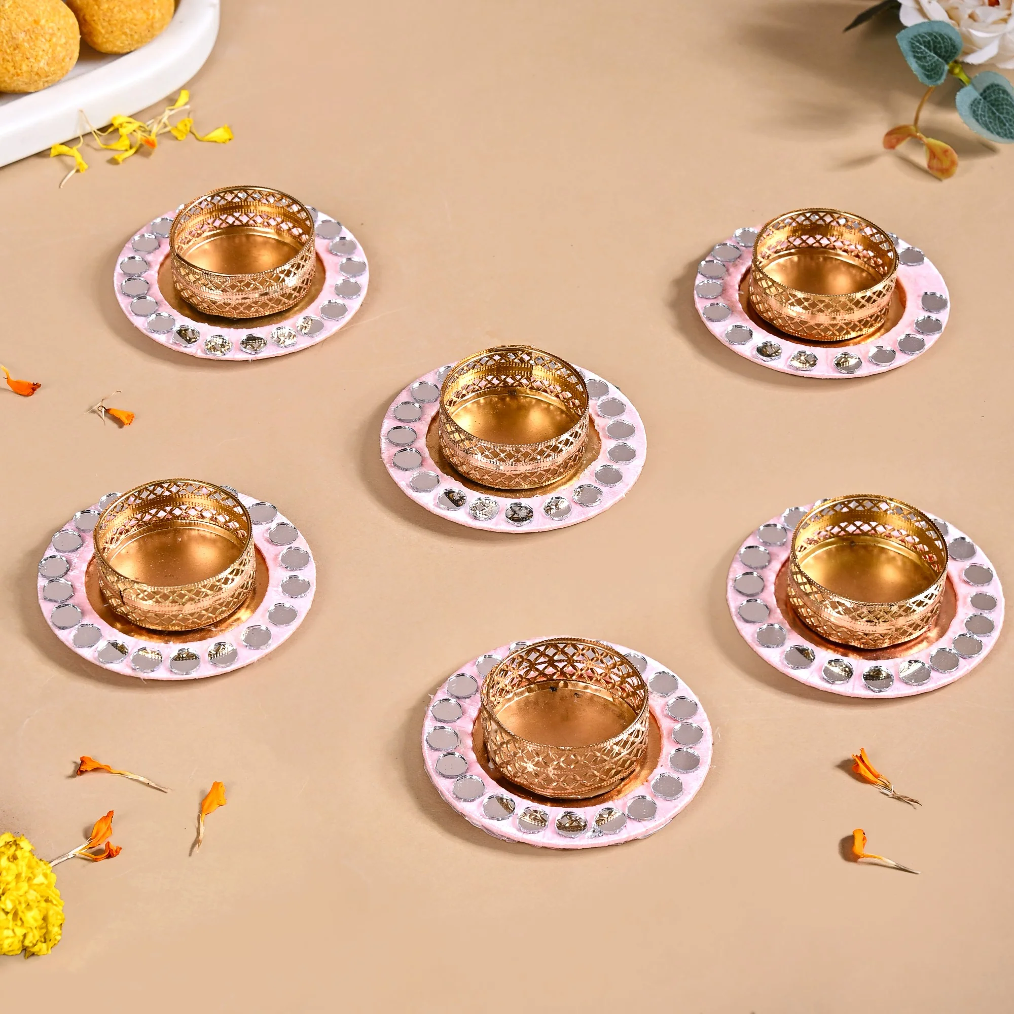 Set Of 6 Mirror Embellished Pink Tea Light Holders - Image 6