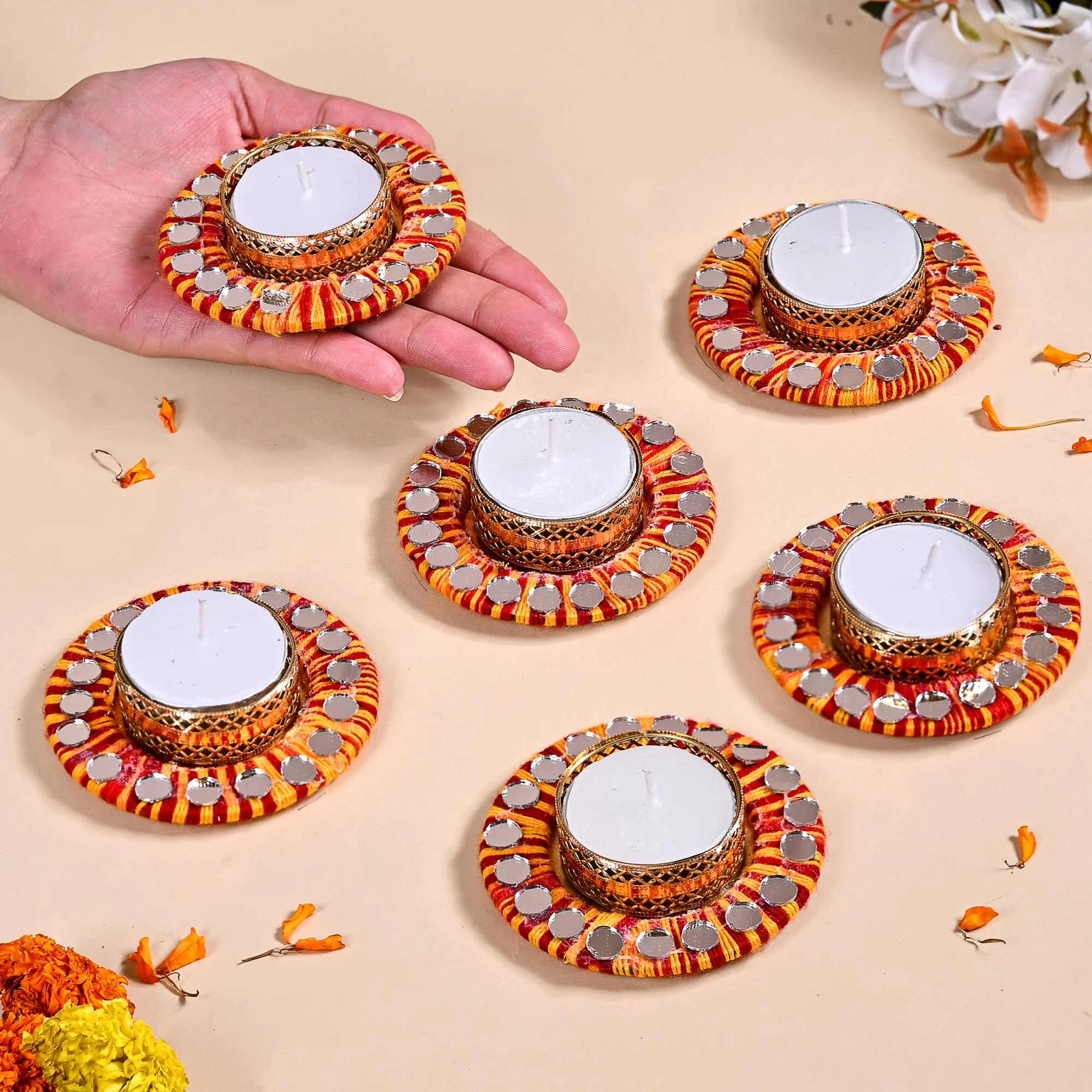 Set Of 6 Multicolour Threadwork Tealight Holders With Mirrorwork - Image 2