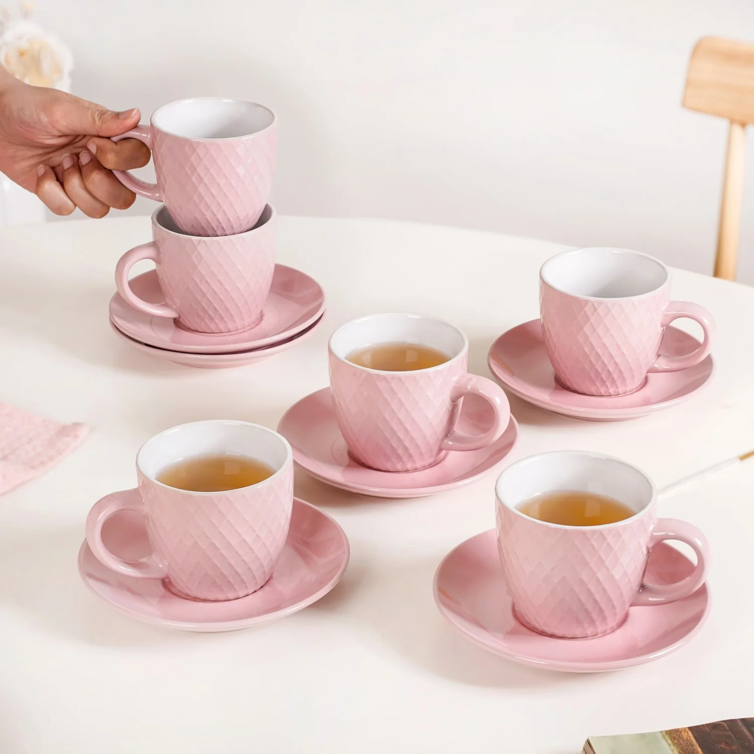 Set Of 6 Pink Tara Ceramic Tea Cup And Saucer 225ml - Image 2