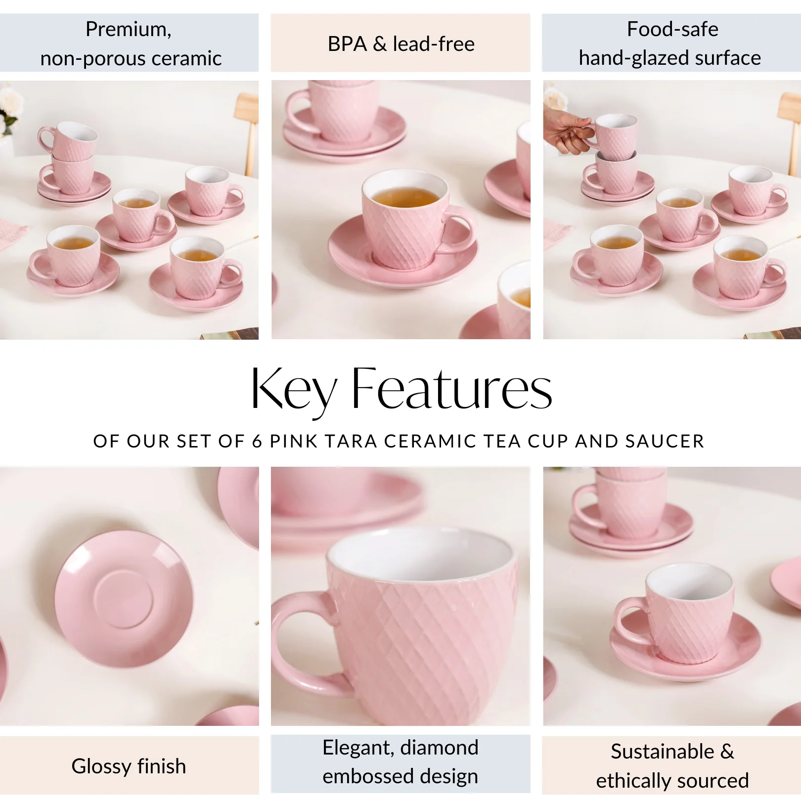 Set Of 6 Pink Tara Ceramic Tea Cup And Saucer 225ml - Image 5