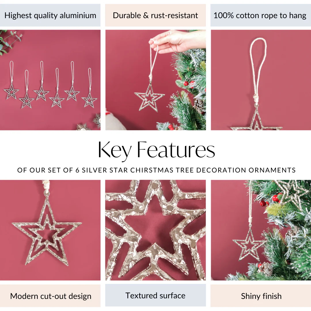 Set Of 6 Silver Star Christmas Tree Decoration Ornaments - Image 5