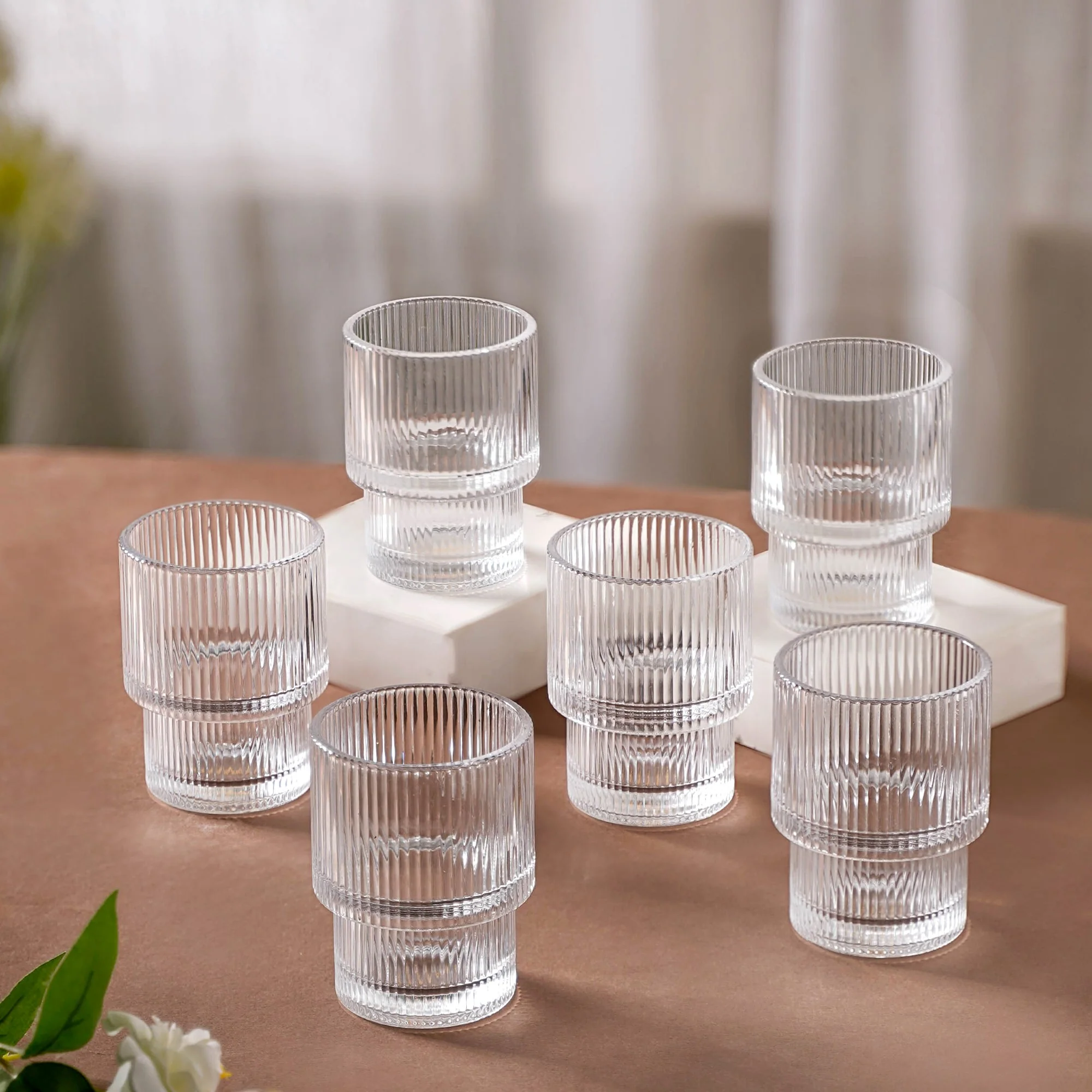 Set Of 6 Stackable Drinking Glasses Ribbed - Image 4