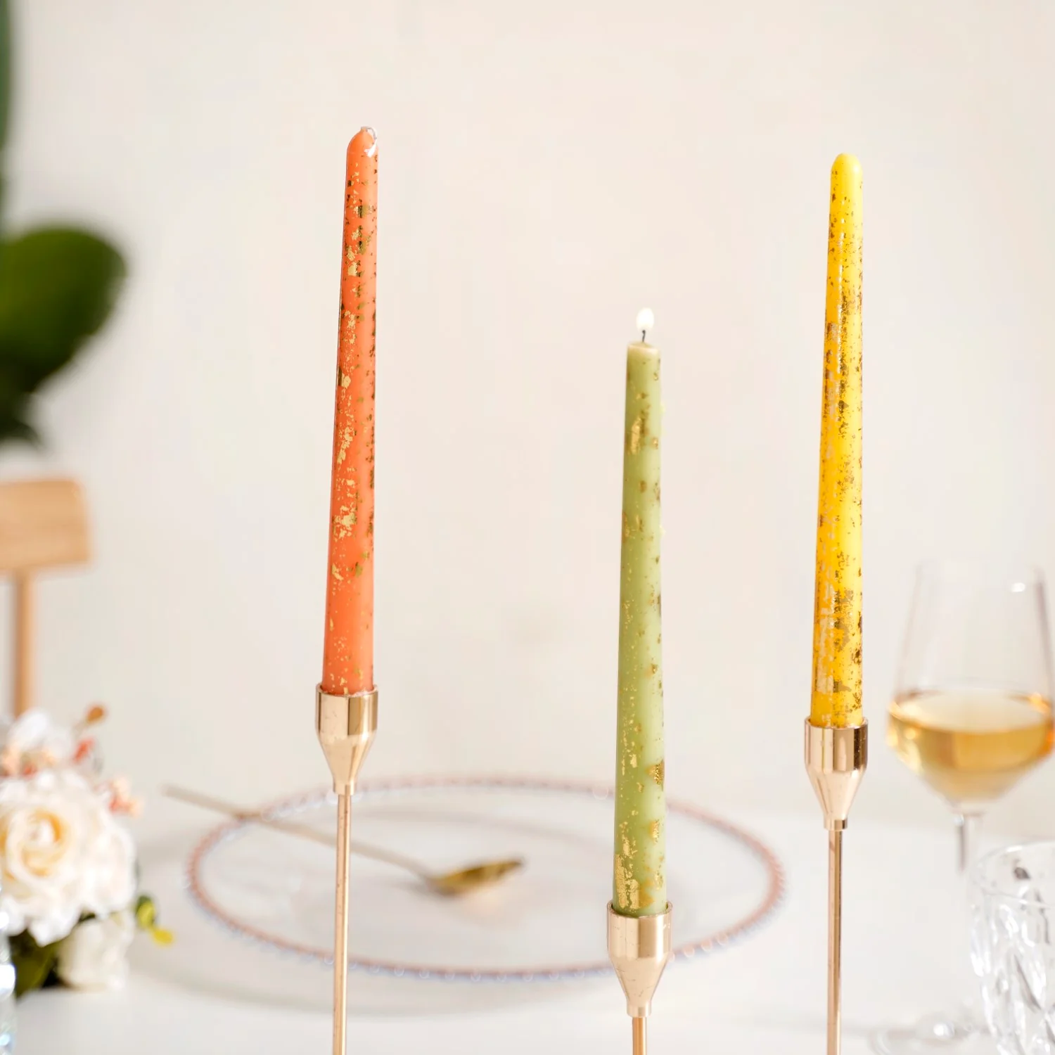 Set Of 6 Taper Candles With Gold Detailing Assorted Colours - Image 2