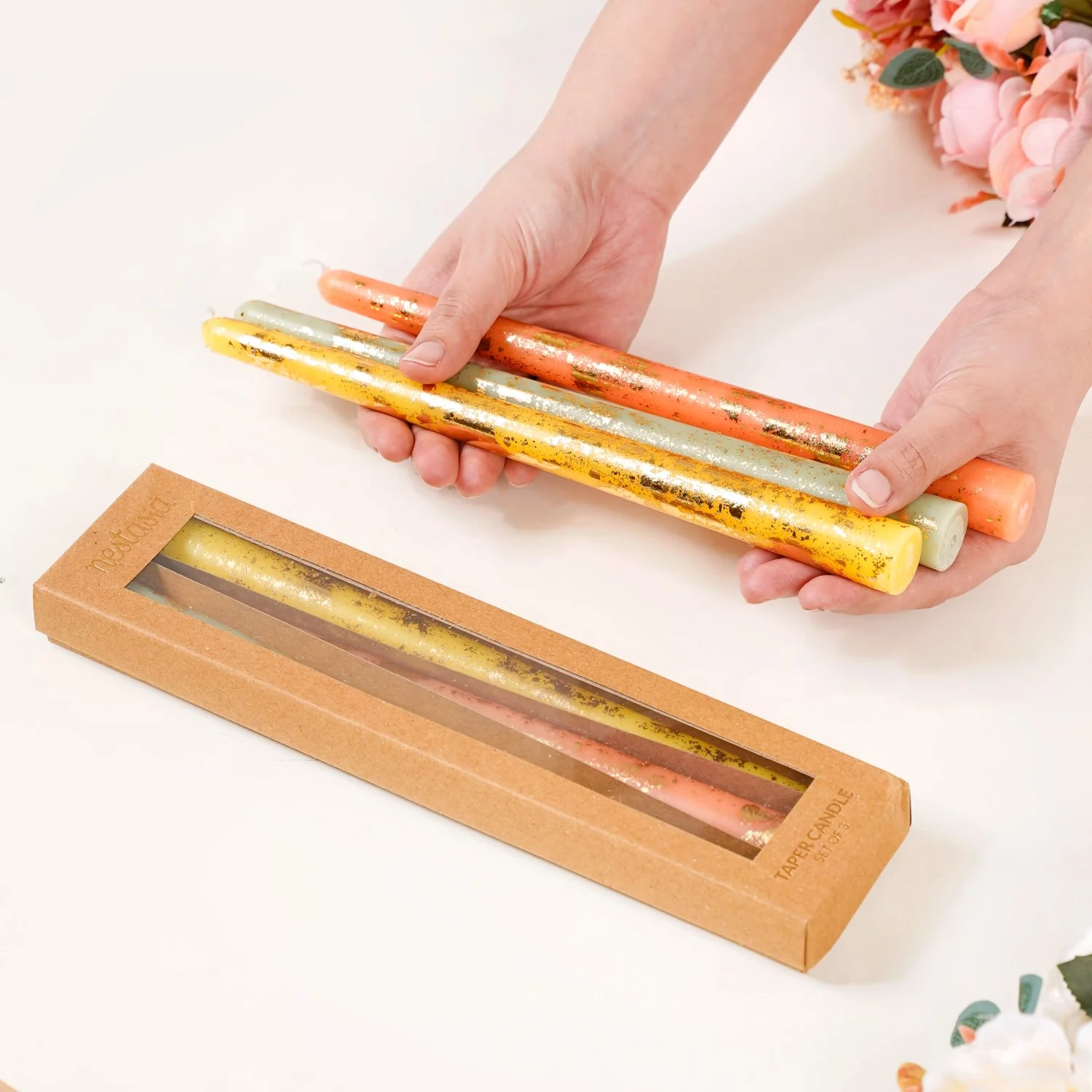 Set Of 6 Taper Candles With Gold Detailing Assorted Colours - Image 3