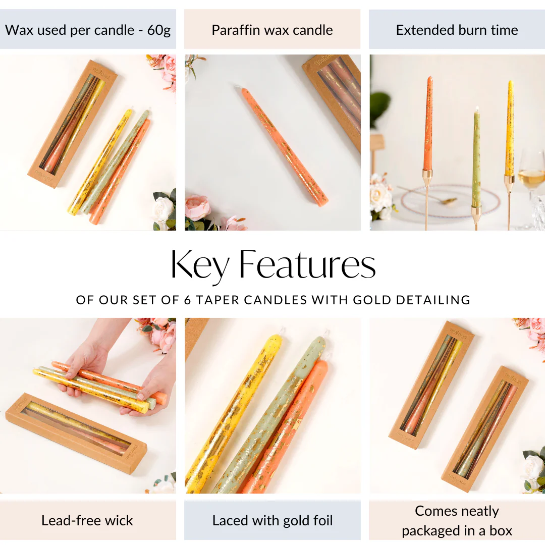 Set Of 6 Taper Candles With Gold Detailing Assorted Colours - Image 5