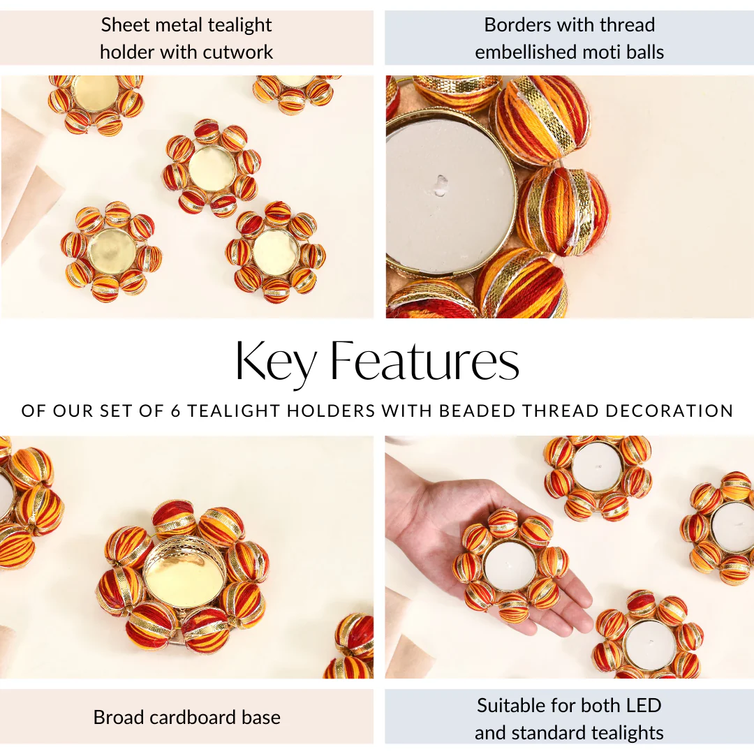 Set Of 6 Tealight Holders With Beaded Thread Decoration - Image 5