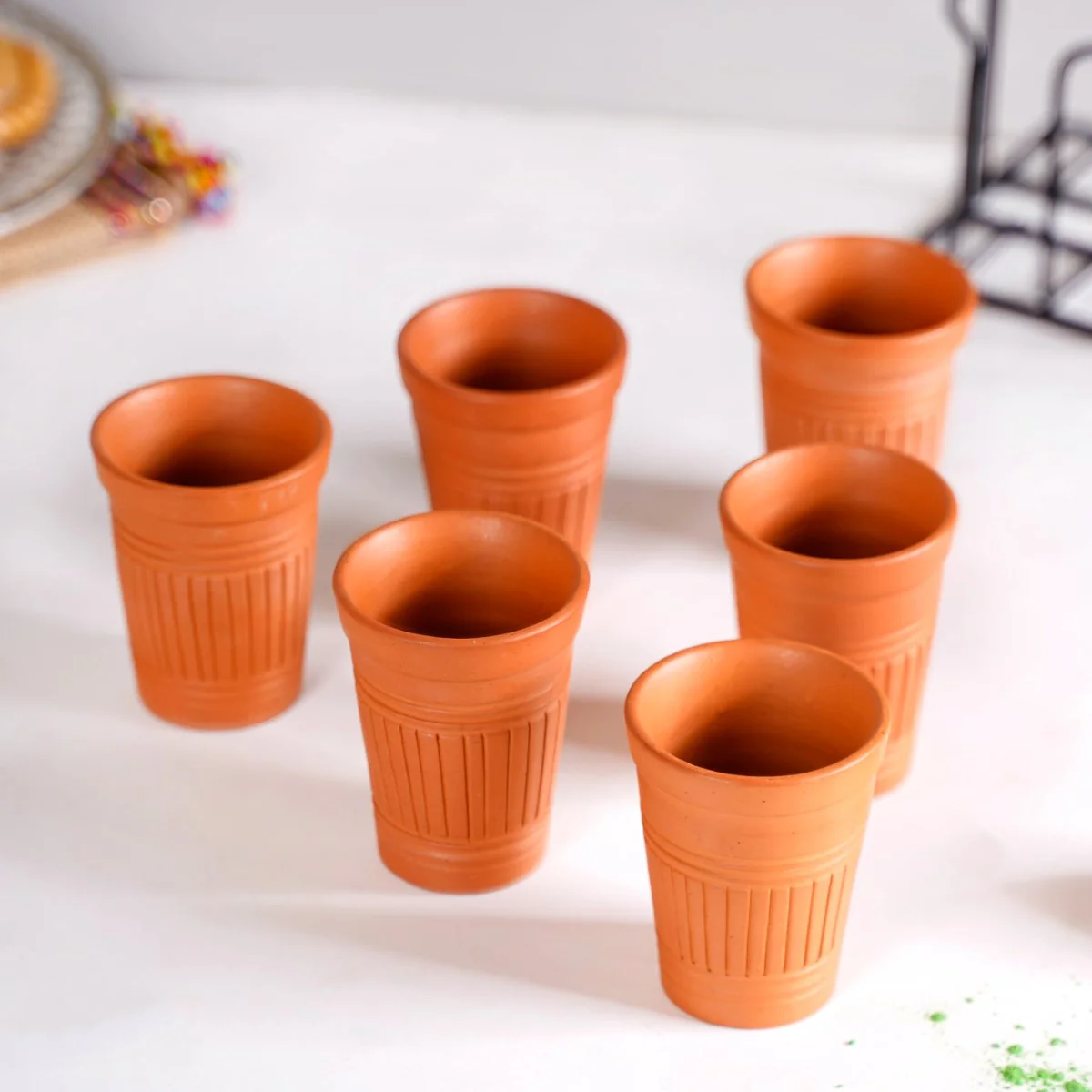 Set Of 6 Terracotta Kulhad Glasses With Cutting Chai Stand - Image 11