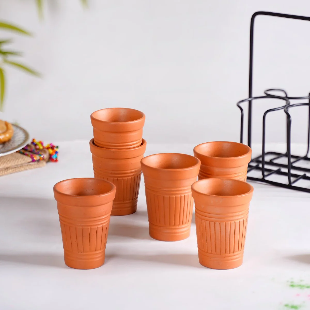 Set Of 6 Terracotta Kulhad Glasses With Cutting Chai Stand - Image 3