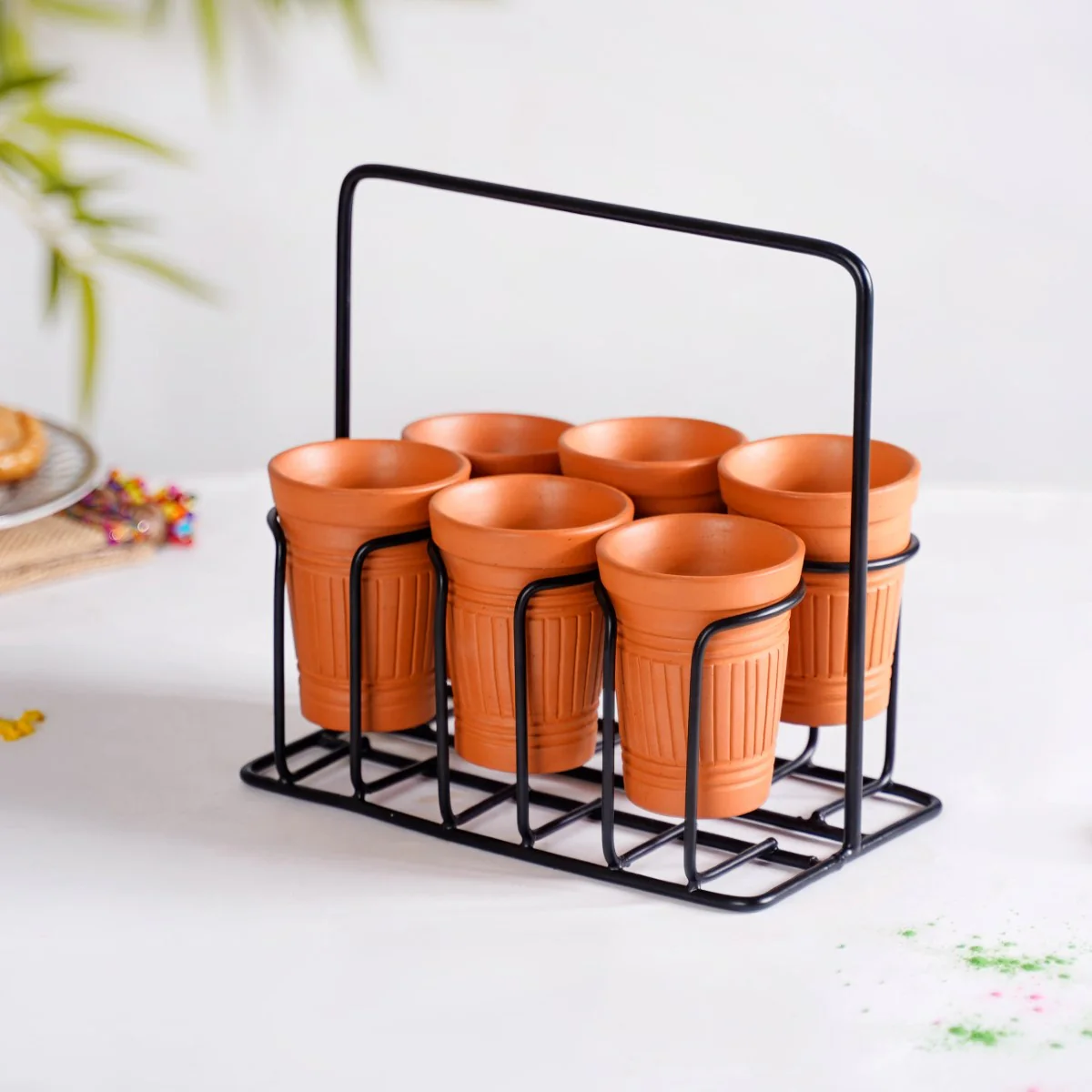 Set Of 6 Terracotta Kulhad Glasses With Cutting Chai Stand - Image 8