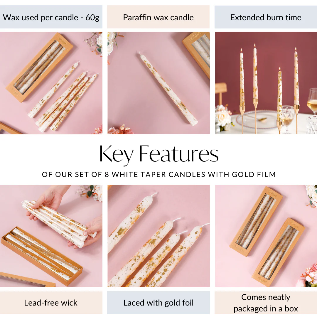 Set Of 8 Taper Candles With Gold Foil White - Image 5