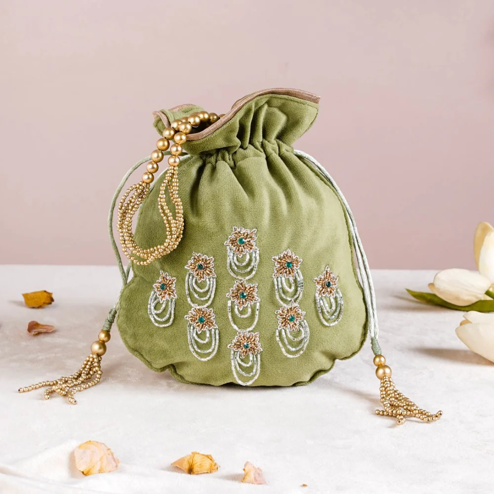 Shikara Orchids Velvet Potli Bag Smoky Green