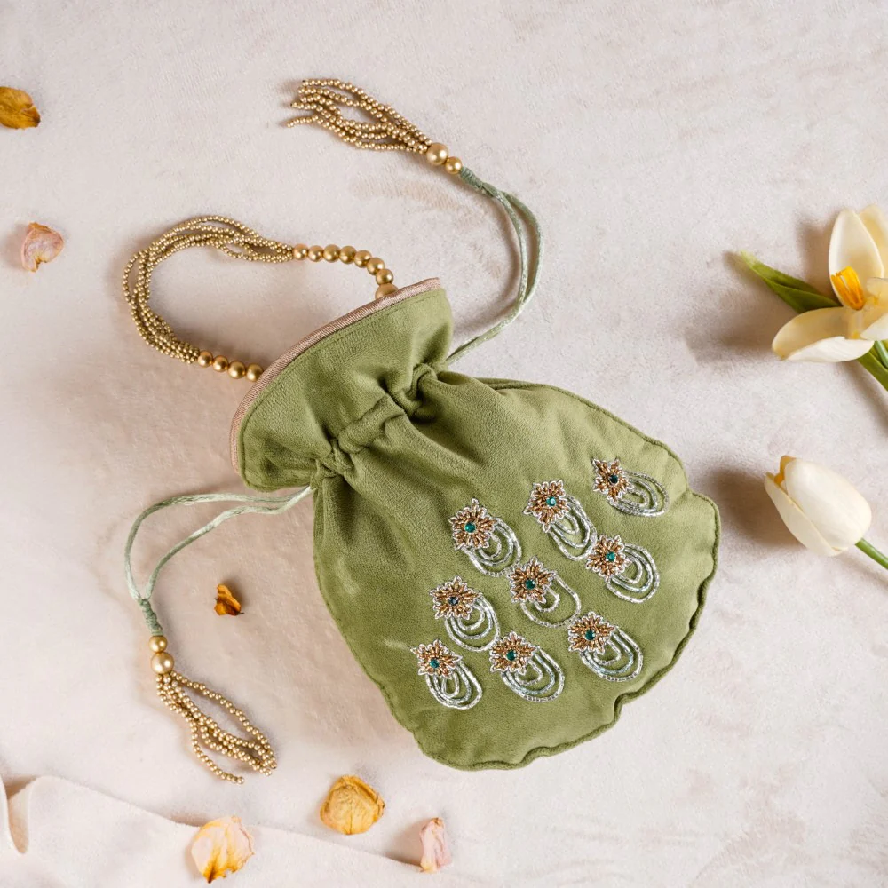 Shikara Orchids Velvet Potli Bag Smoky Green - Image 3