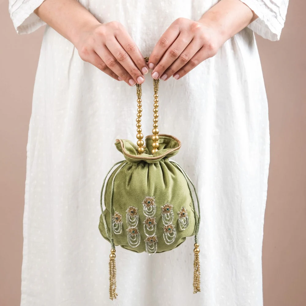 Shikara Orchids Velvet Potli Bag Smoky Green - Image 4