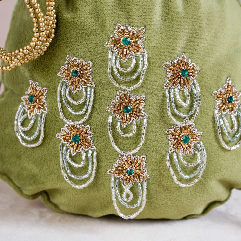 Shikara Orchids Velvet Potli Bag Smoky Green - Image 7