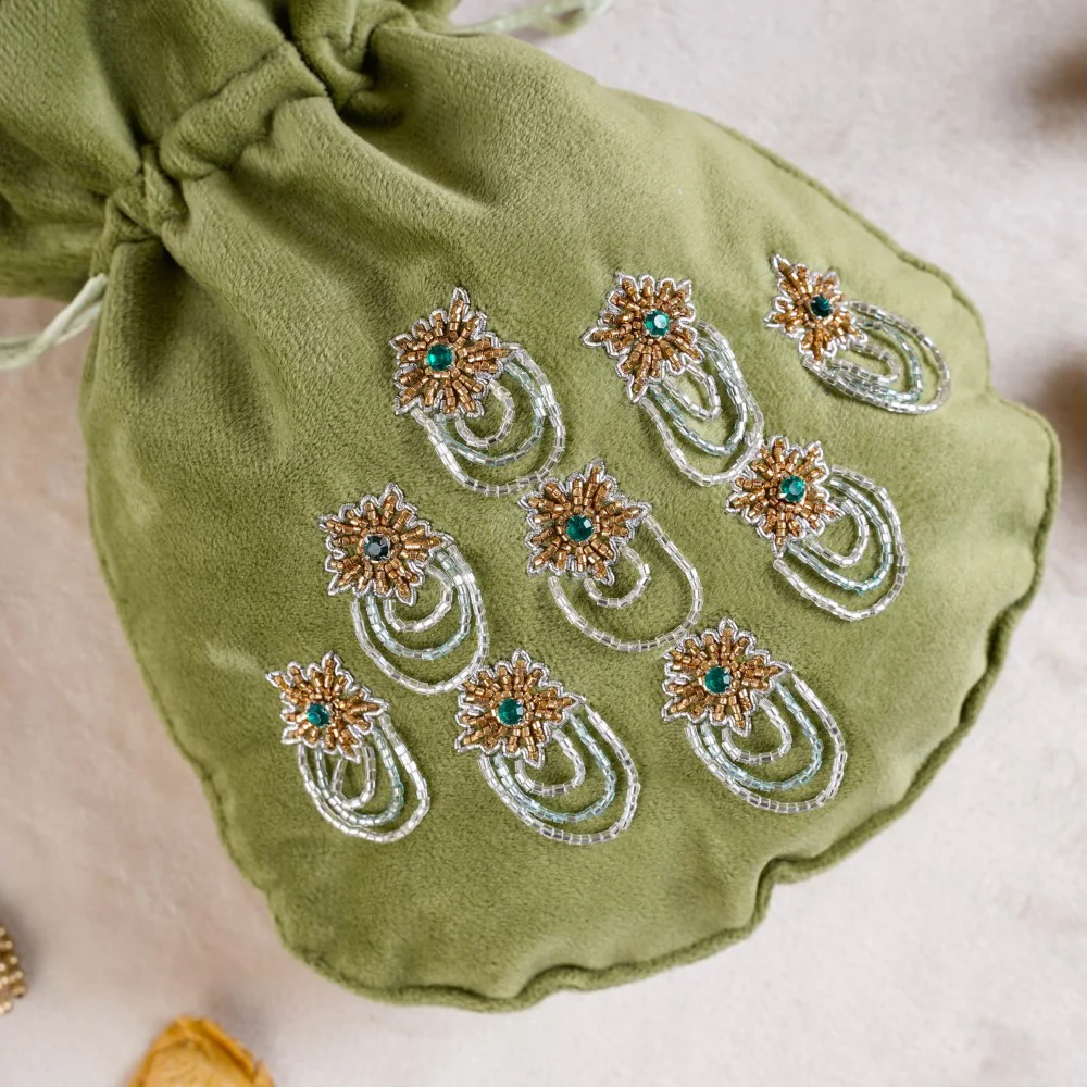 Shikara Orchids Velvet Potli Bag Smoky Green - Image 9