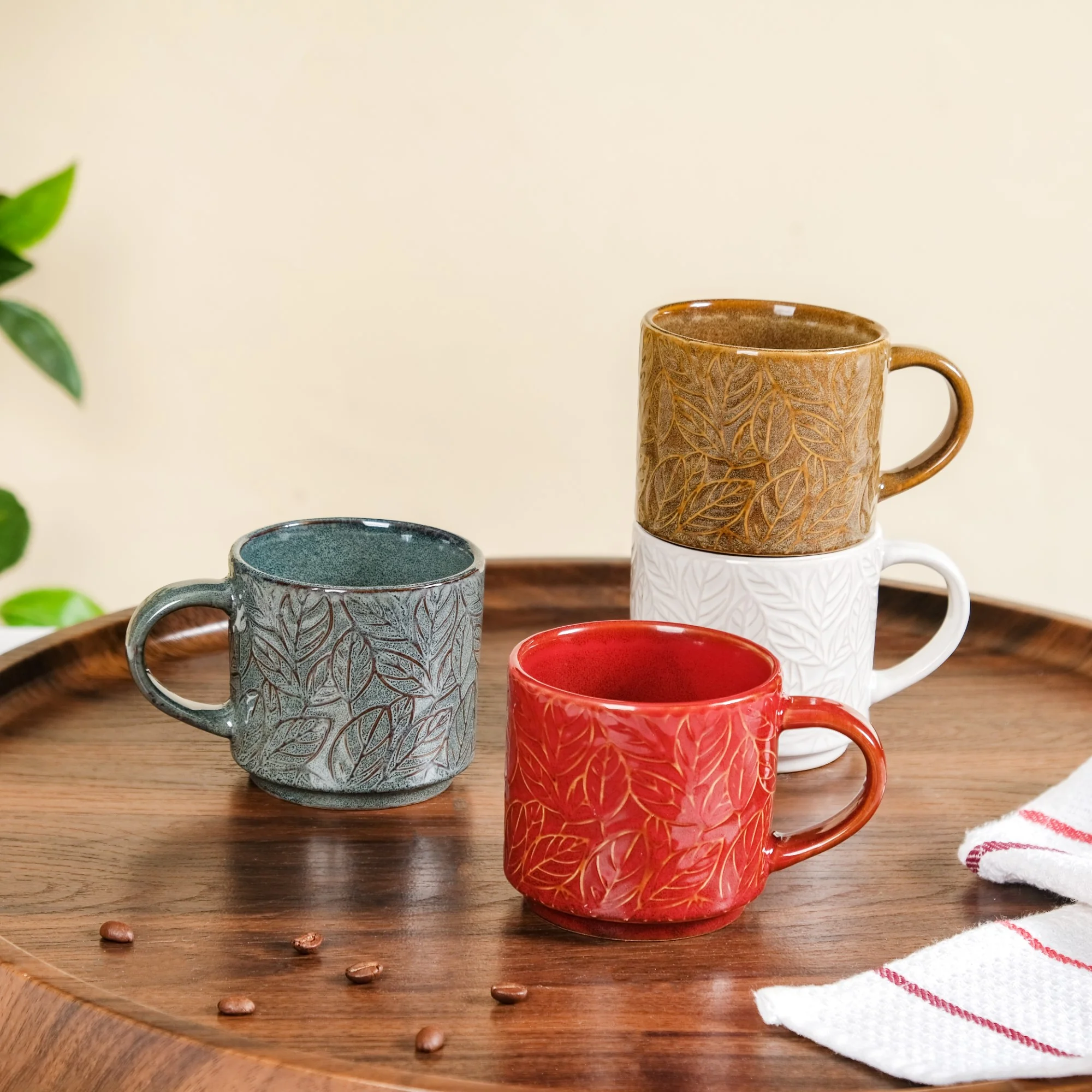 Sienna Leaf Embossed Ceramic Tea Cup Set Of 4 250ml - Image 10