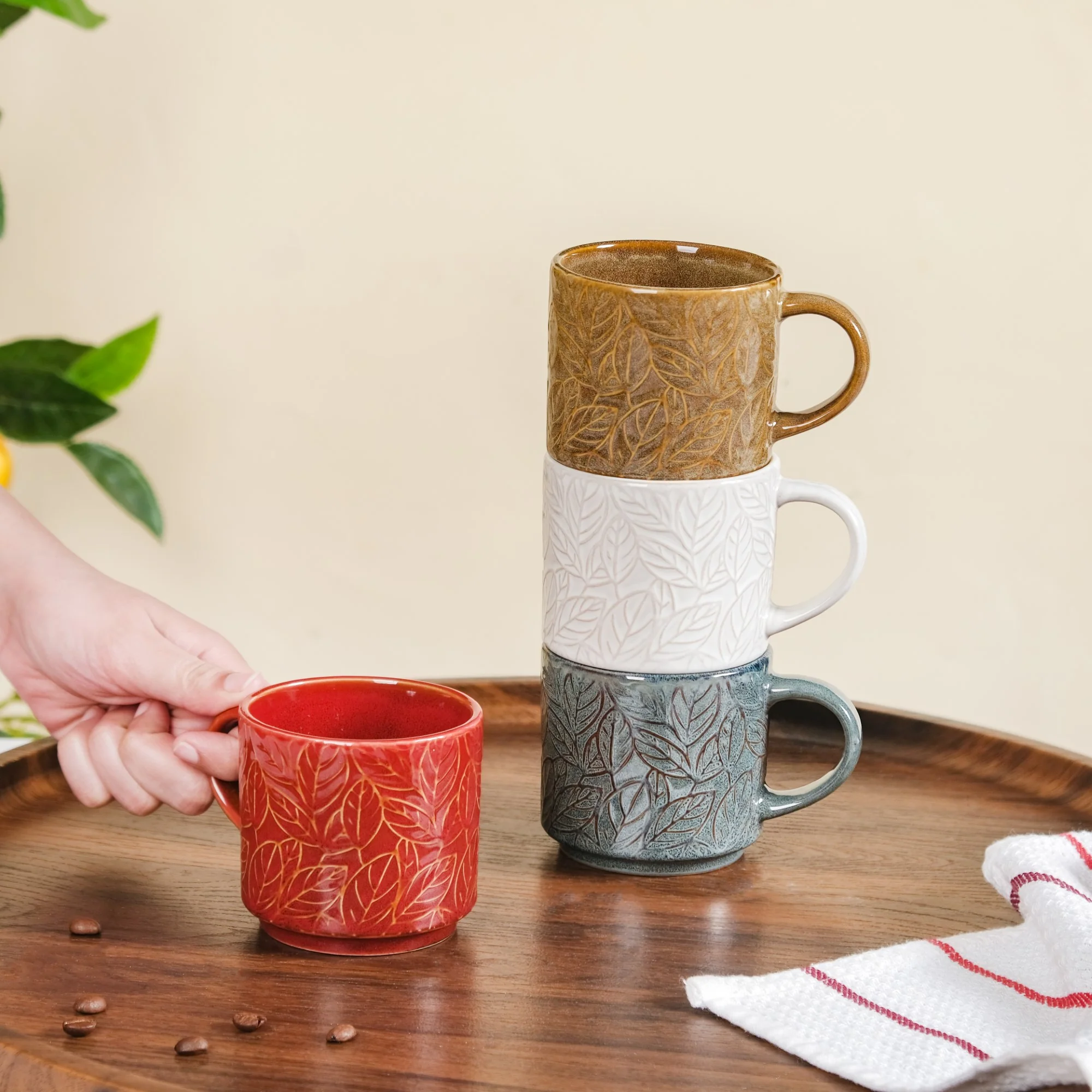 Sienna Leaf Embossed Ceramic Tea Cup Set Of 4 250ml - Image 2