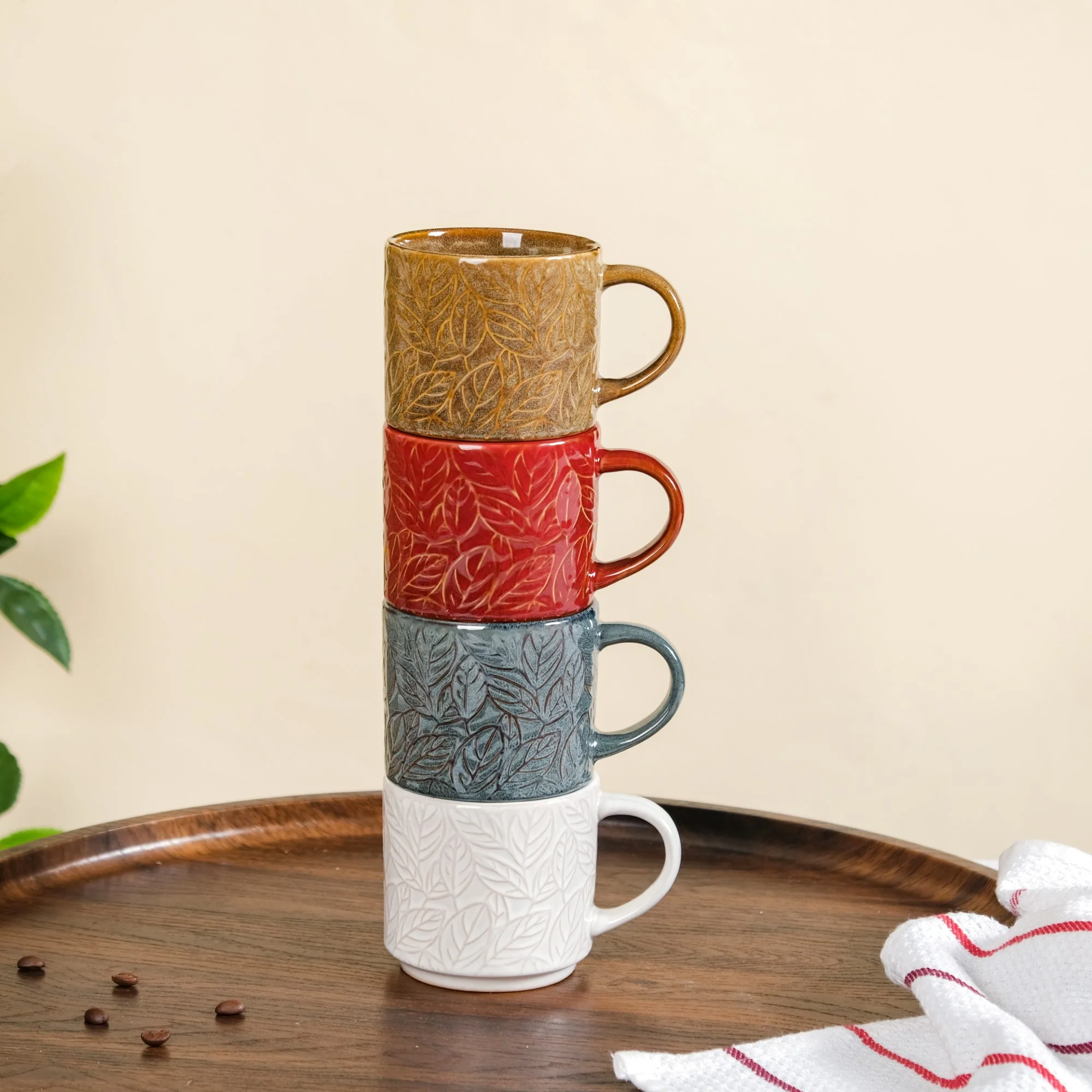 Sienna Leaf Embossed Ceramic Tea Cup Set Of 4 250ml - Image 3