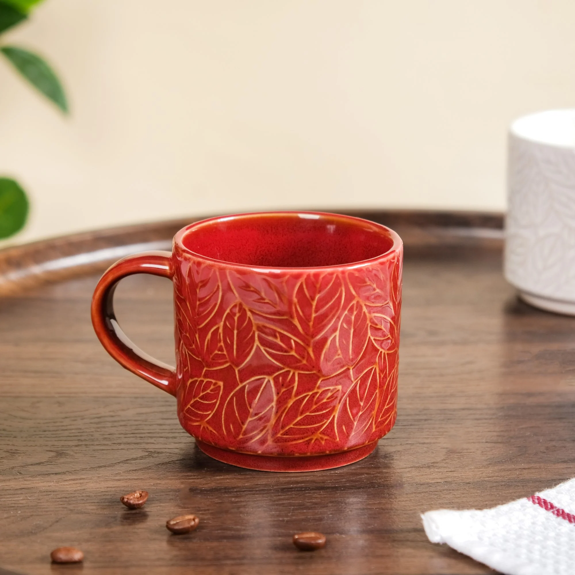 Sienna Leaf Embossed Ceramic Tea Cup Set Of 4 250ml - Image 9