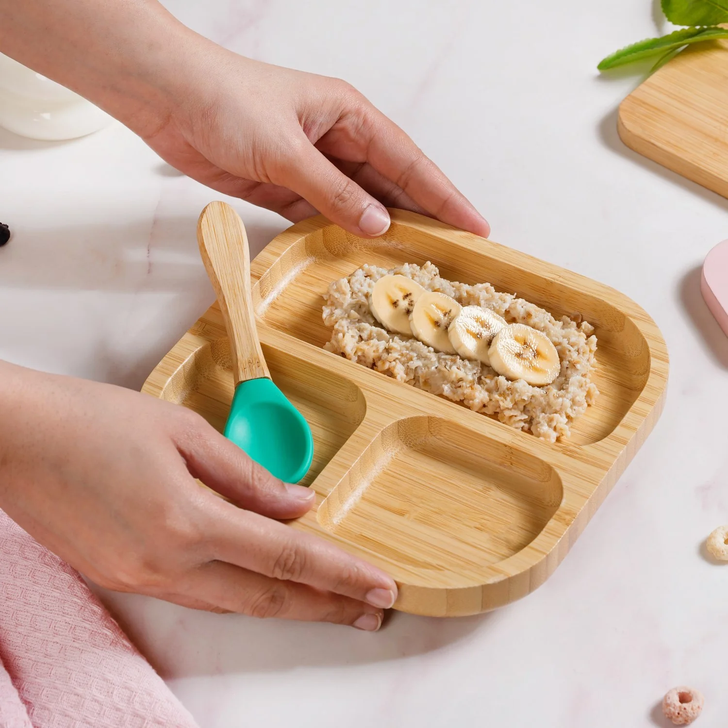 Silicone Suction Base Wooden Plate For Kids With Spoon - Image 3