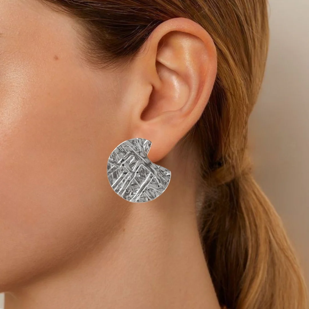 Silver Abstract Textured Round Statement Earrings - Image 5