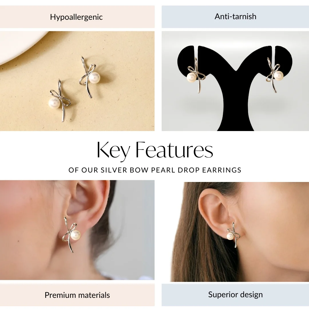 Silver Bow Pearl Drop Earrings - Image 4