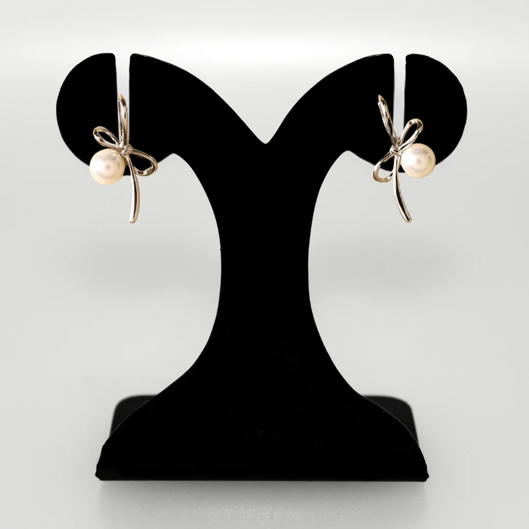 Silver Bow Pearl Drop Earrings - Image 6