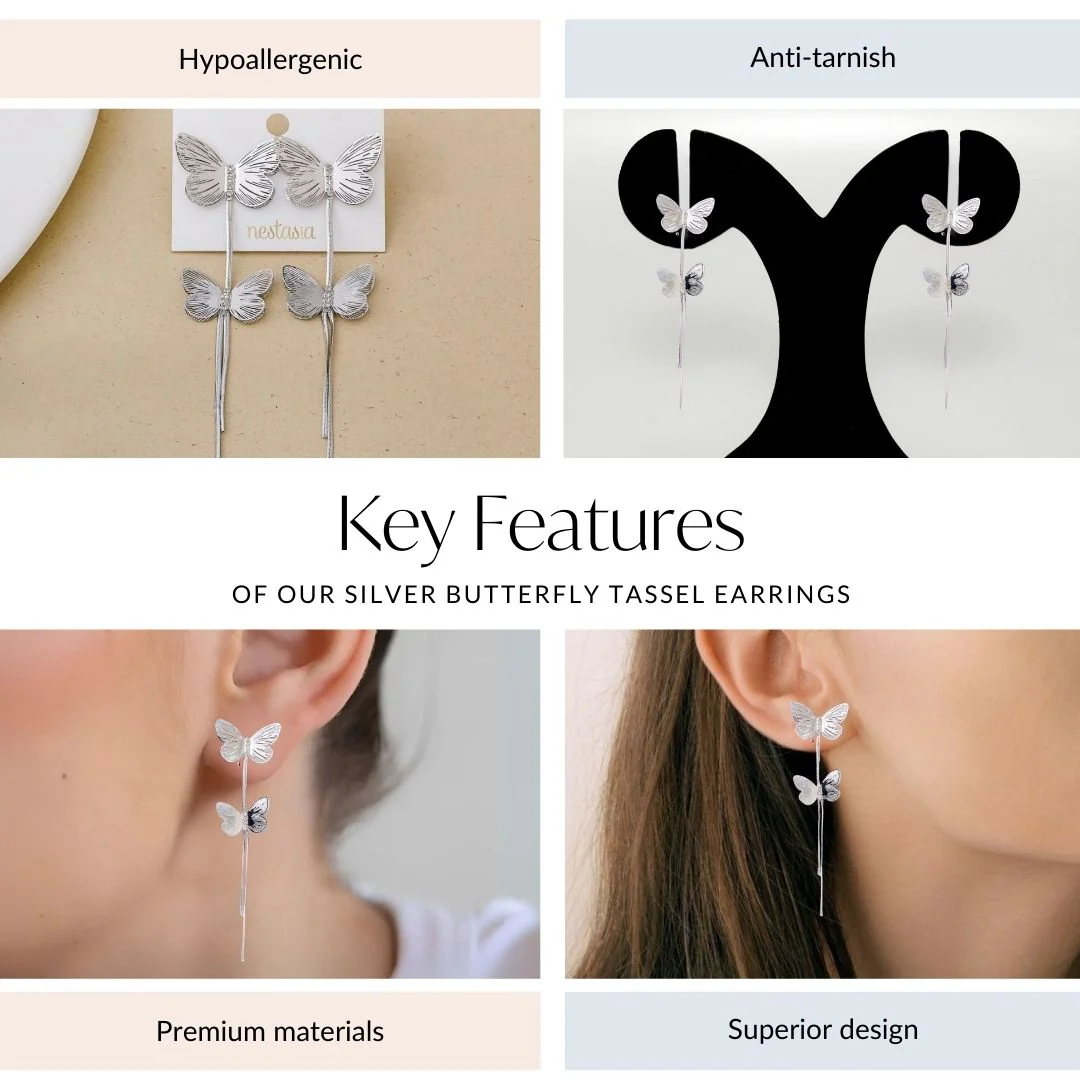 Silver Butterfly Tassel Earrings - Image 4