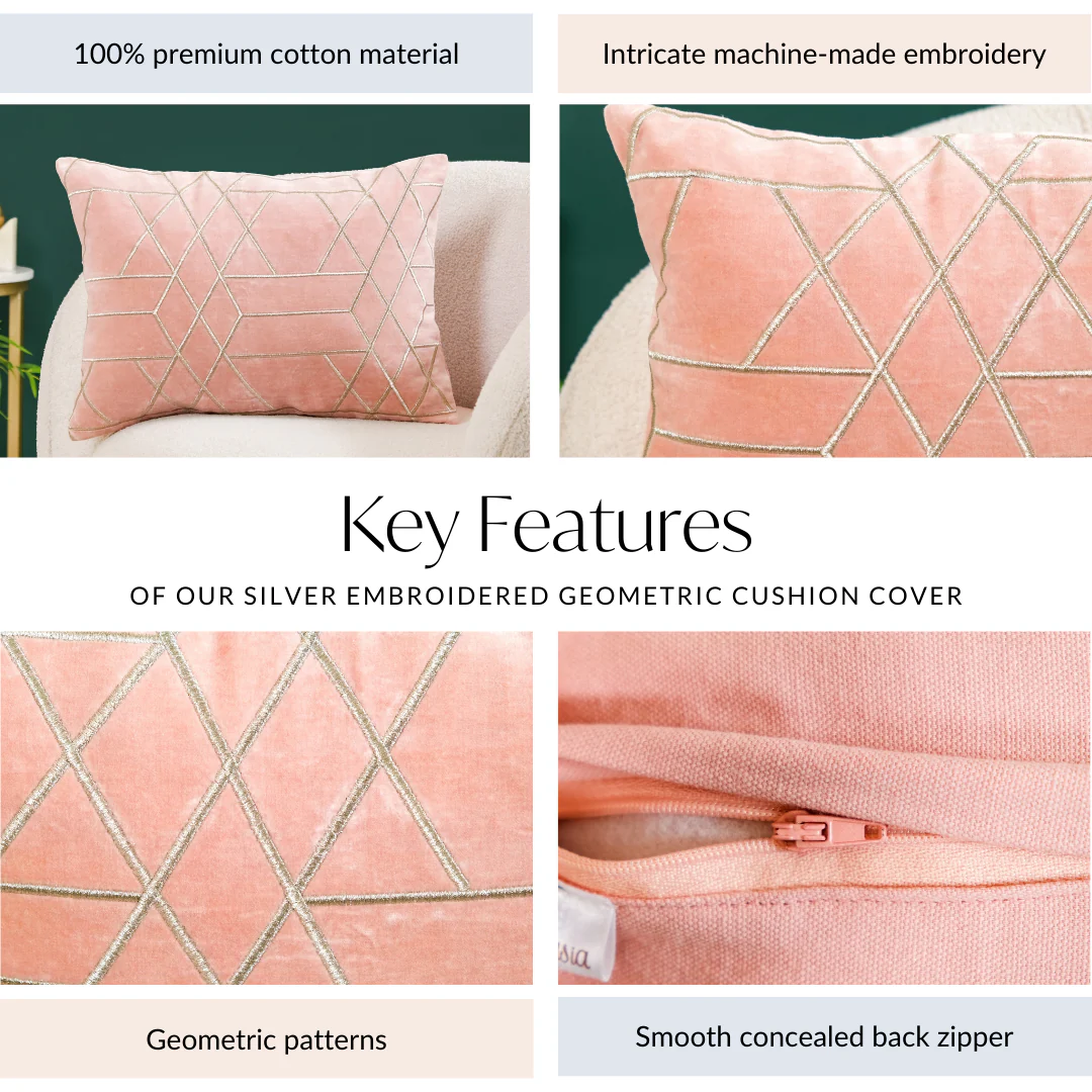 Silver Embroidered Geometric Cushion Cover 50x35 cm - Image 5
