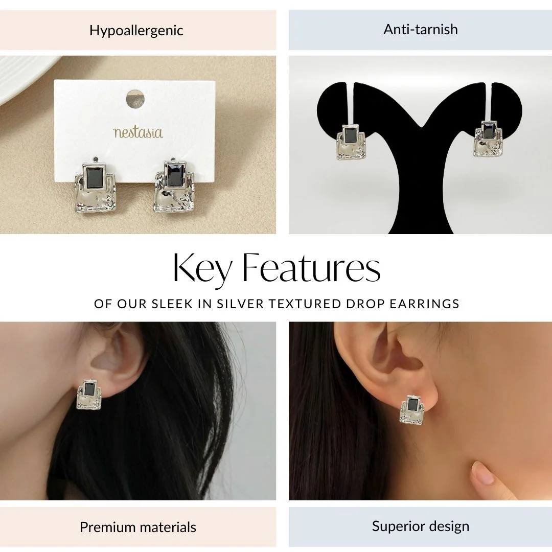 Sleek In Silver Textured Drop Earrings - Image 4