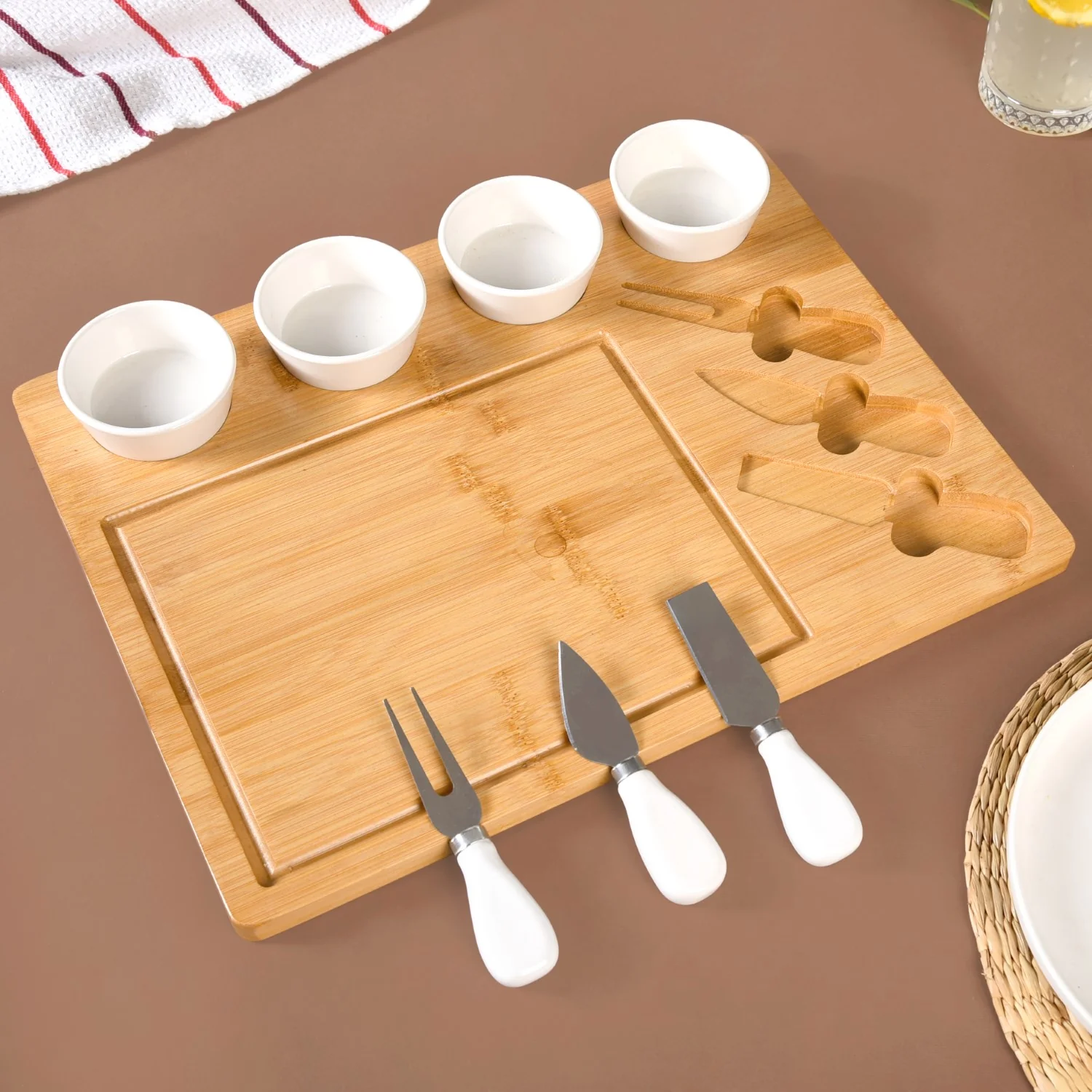 Sleek Wooden Snacks Platter Set With Dip Bowls And Cheese Knives - Image 10